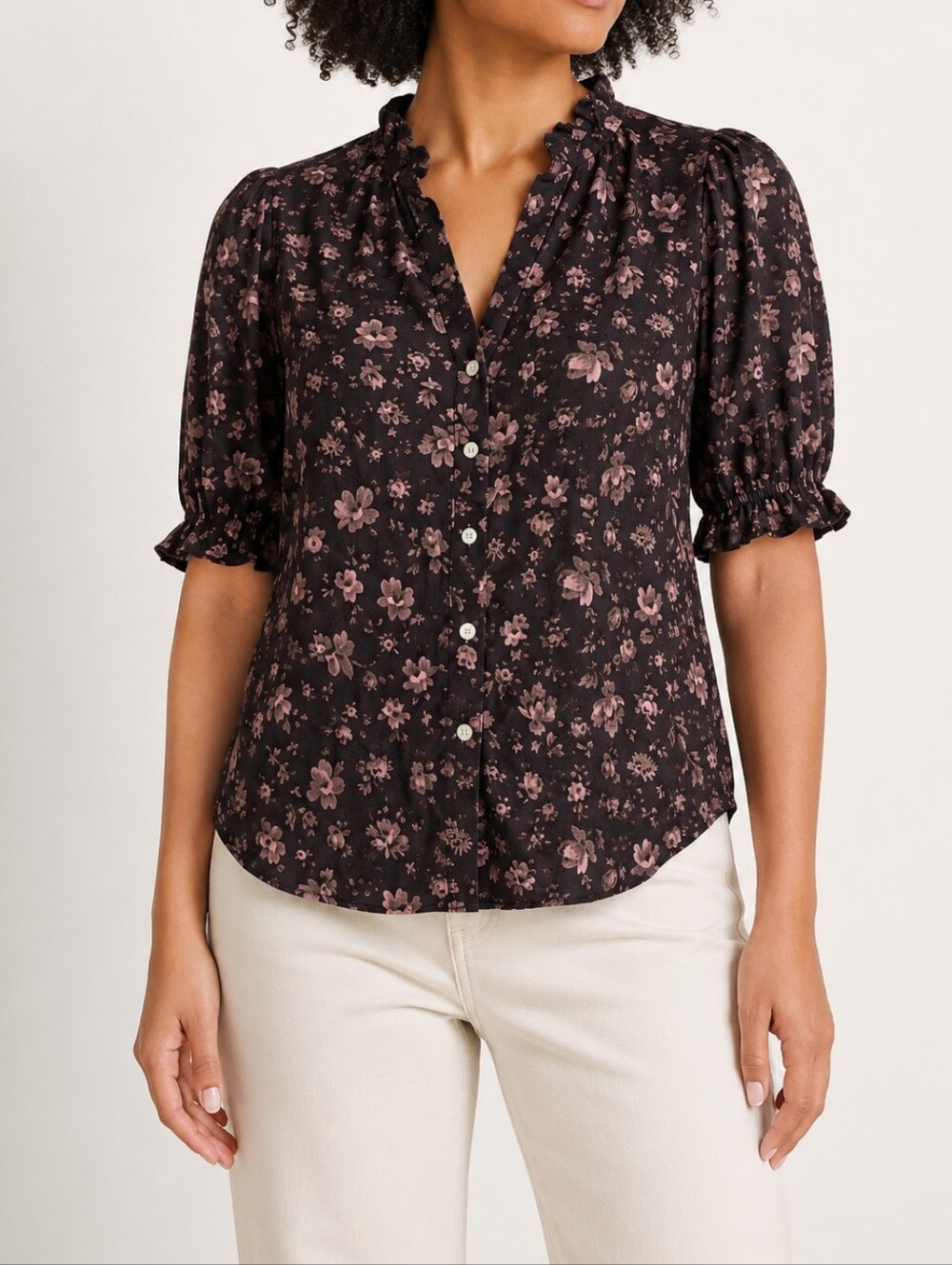 Chelsea & Theodore Brown Pink Floral Ruffle Puff Sleeve Cotton Blouse S/M